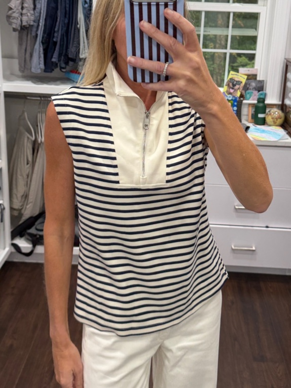 Glamaker Striped Sleeveless Zip-Front Tank Top - Cream & Navy